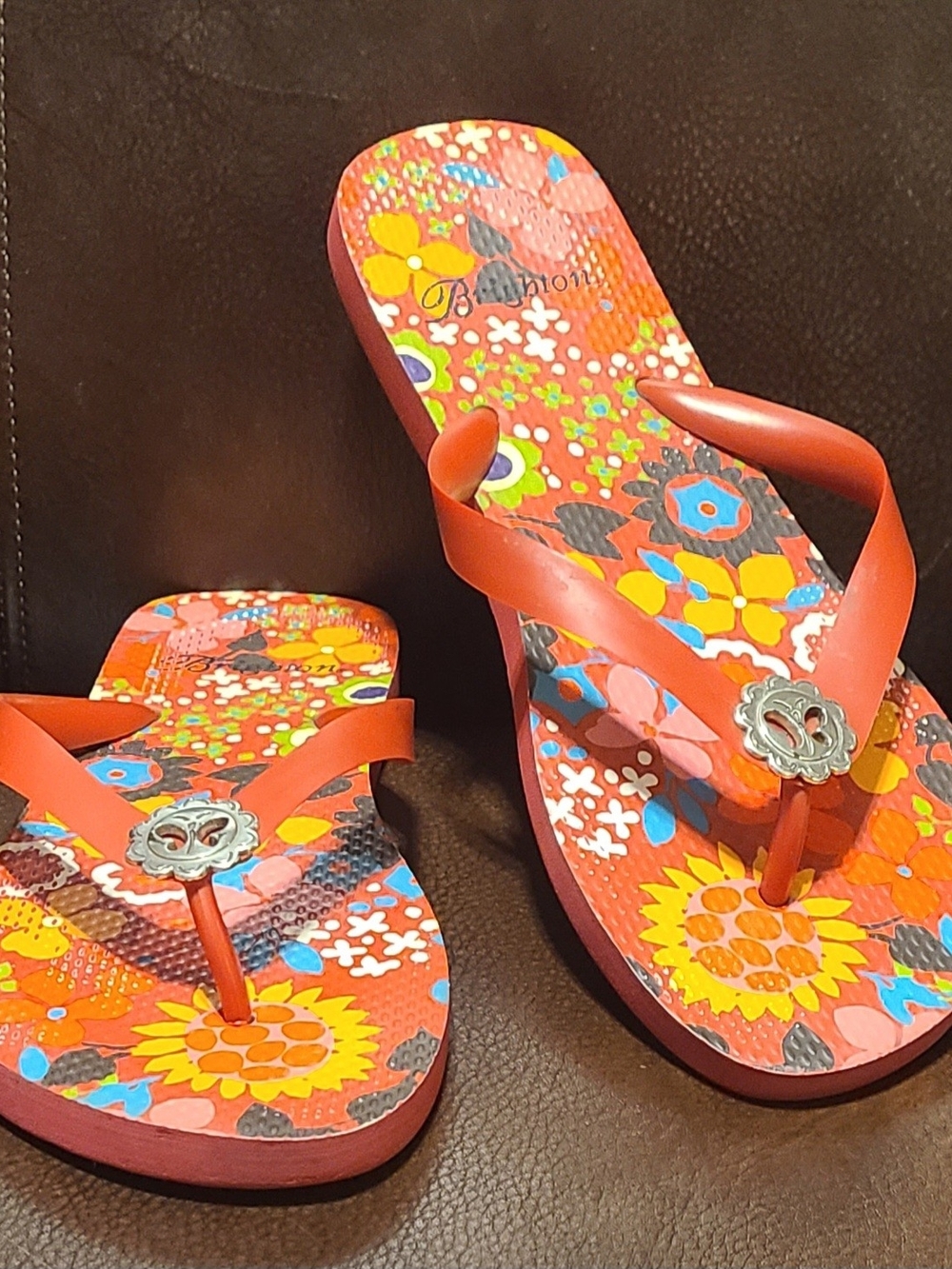 Bright Coral Floral Flip-Flop Sandals with Decorative Medallion